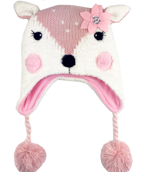 Chenille and Knit Fawn Kid's Winter Hat by Sweet Giraffe: Pink/White