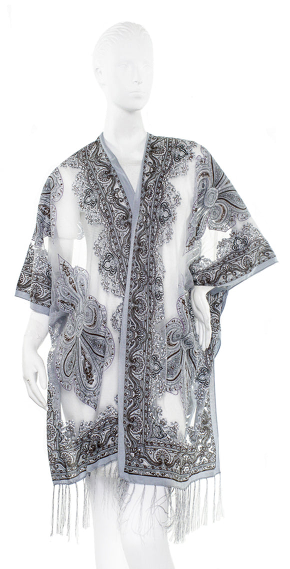 Sparkle Bohemian Burnout Kimono by Zoe Madison: Light Ash Gray