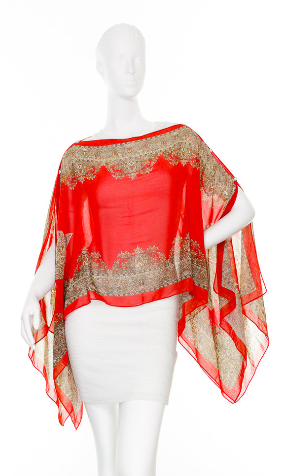 Two Way Bohemian Button Detail Scarf Poncho by Zoe Madison : Red/Brown