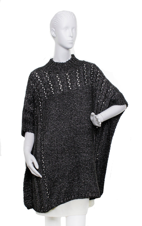 Mixstitch Knit with Metallic Poncho by Candor New York City : Black/Silver