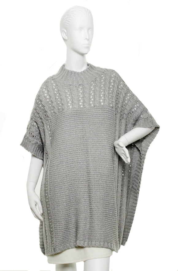 Mixstitch Knit with Metallic Poncho by Candor New York City : Gray/Silver