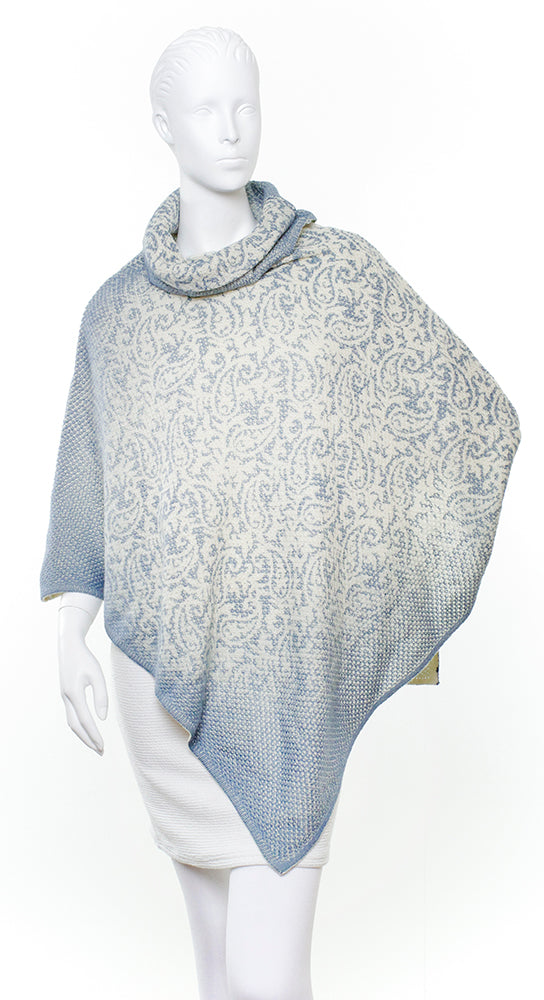 Paisley Print on Knit Cowlneck Poncho by Zoe Madison : Blue/White