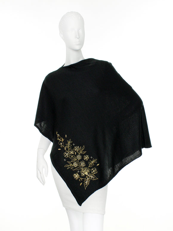 Floral Embroidery Angle Poncho by Zoe Madison : Black/Gold