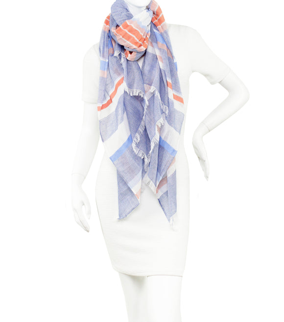 Cotton Nautical Stripe Oversize Scarf by Zoe Madison : Denim Blue/Coral