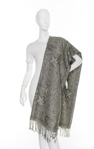 Maple Paisley Metallic Jacquard Pashmina by Candor New York City: Taupe/Silver