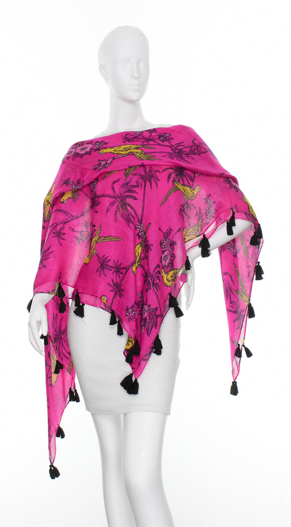 Florence Broadhurst Parakeets Oversize Square Tassel Scarf : Fuchsia