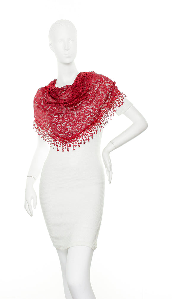 Paisley Lace Triangle Scarf by Zoe Madison : Burgundy